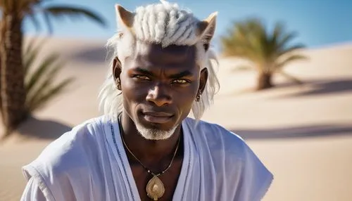 Khajiit, sweet expression, big bright eyes, dark skin, fluffy white hair, tribal tattoos, delicate features, gentle smile, pure heart, innocent look, standing in a vast desert landscape, warm sandy du