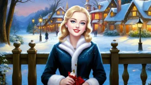 Romantic masterpiece oil painting, cute girl portrait, nostalgic 1950's style kitsch, breathtaking beautiful winter kingdom landscape, majestic fantasy scenery, evening lighting, highly detailed highr