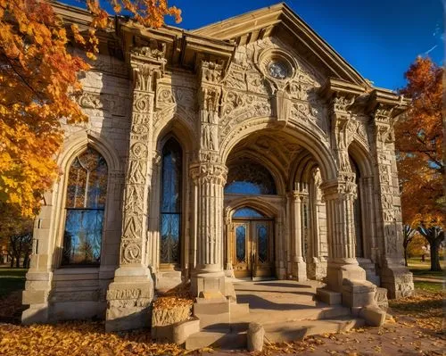 Wichita KS, Sheldon Architecture, historic building, grand entrance, ornate details, stone walls, tall pillars, large windows, Gothic Revival style, Kansas prairie landscape, sunny day, blue sky, fluf