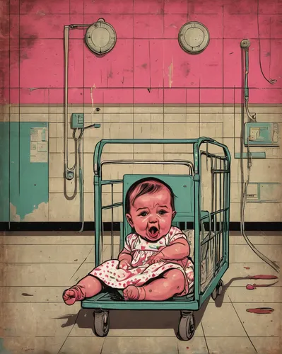 In a deserted hospital, a baby girl cries out for her mother.,children's operation theatre,pediatrics,infant,childbirth,emergency room,hospital bed,hospital,room newborn,baby care,medical concept post