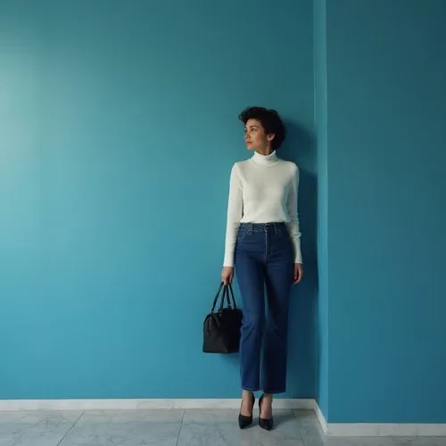 woman in menswear,delvaux,vettriano,mazarine blue,turquoise leather,blue room,shades of blue,turquoise wool,azzurro,blue background,color blue,awada,krakoff,gallerist,light blue,blue shoes,color turquoise,demoiselles,blue doors,woman walking,Photography,General,Realistic