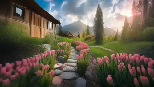 world digital painting,digital painting,pink tulips,tulips,springtime background,home landscape