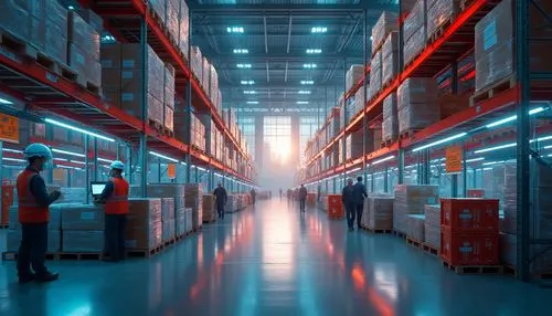 Modern distribution center, futuristic architecture, sleek lines, metallic materials, neon lights, towering shelves, automated robots, conveyor belts, crates and boxes, busy workers in uniforms, safet