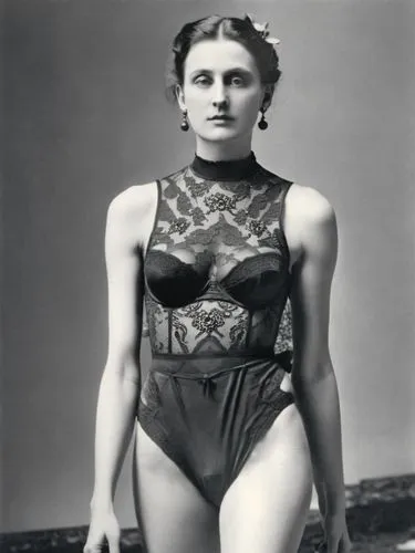 A single Mum on the catwalk, presenting underwear,a black and white po of a woman in a body suit,feldshuh,ingrid bergman,jane russell-female,knightley,blumenfeld,vintage female portrait,ziegfeld,negli