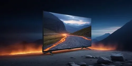 a philips tv with a dark light background cracked stone floor and mountain on the back,a picture of an empty street from the front and back,plasma tv,hdtv,smart tv,television,hdtvs,oled,Photography,Ge