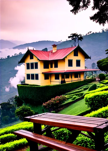 Darjeeling tea plantation, Himalayan foothills, green rolling hills, tea leaves, British colonial-style architecture, Victorian-era mansion, wooden benches, rusty railings, steam engine, vintage lugga