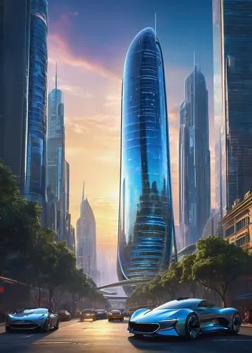 Futuristic conceptual building, sleek curved lines, metallic silver exterior, neon blue accents, holographic advertisements wrapping around the structure, bustling cityscape, towering skyscrapers in t