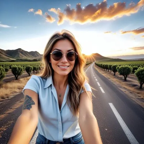 a woman riding a bicycle on the road in the sunset,bareilles,marzia,southern wine route,jahan,arizona,wine country