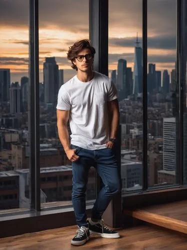 Male, bachelor, 25yo, casual wear, white T-shirt, dark blue jeans, black sneakers, messy brown hair, glasses, strong facial features, muscular build, standing, hands in pocket, relaxed posture, modern