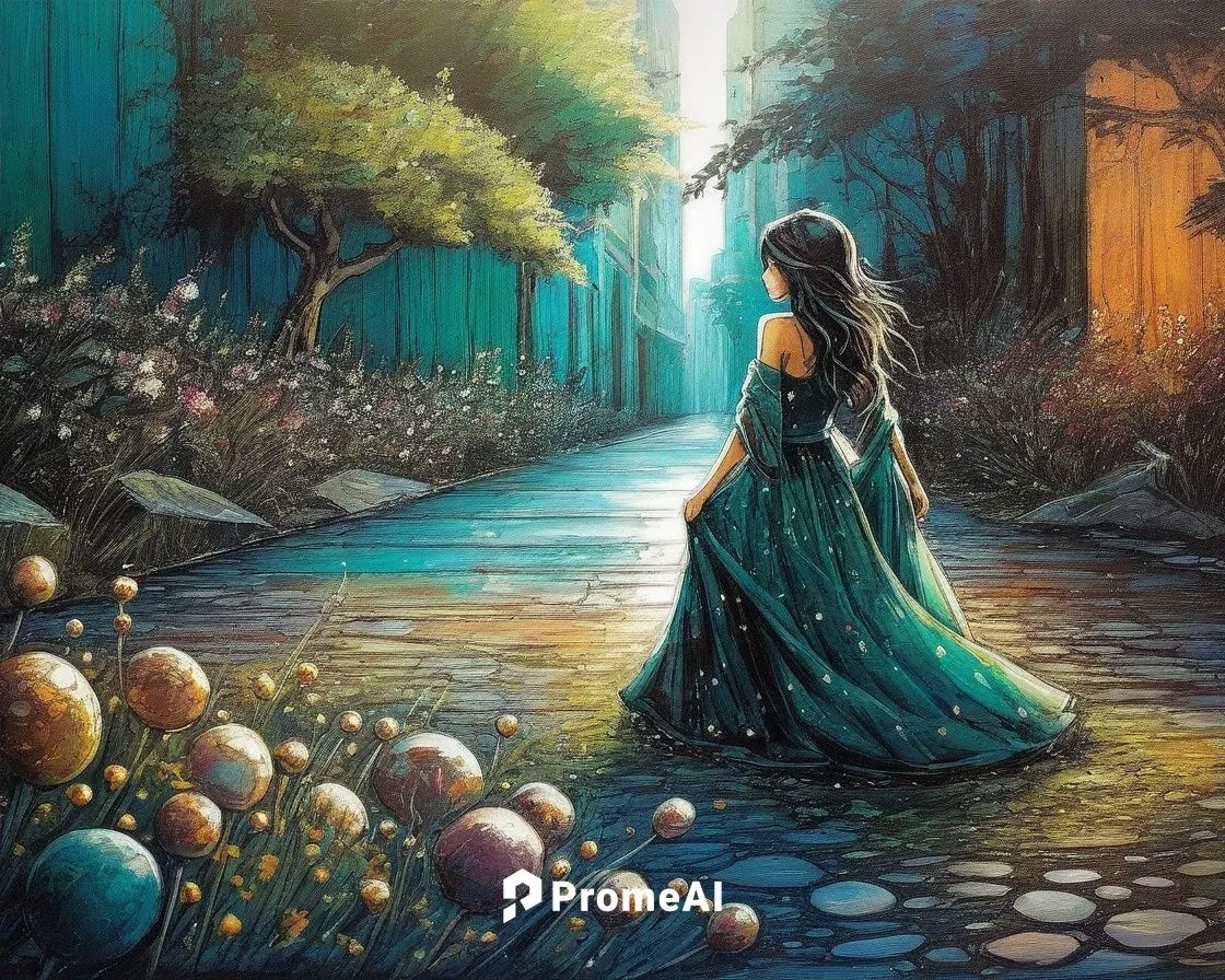 fantasy picture,cinderella,girl walking away,ostara,girl in a long dress,walking in a spring,pathway,fantasia,world digital painting,fairy peacock,girl in a long dress from the back,fantasy art,way of