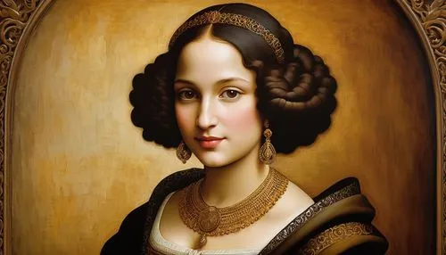 Mona Lisa, Renaissance-inspired portrait, enigmatic smile, subtle eyebrows, brown eyes with a hint of mischief, soft curly hair, elegant updo, golden hoop earrings, delicate lace collar, luxurious vel