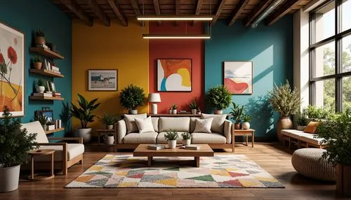 modern decor,living room,mid century modern,livingroom,loft,contemporary decor,interior design,apartment lounge,an apartment,interior decor,color wall,sitting room,interior decoration,modern living room,3d rendering,interior modern design,home interior,geometric style,decors,mid century house