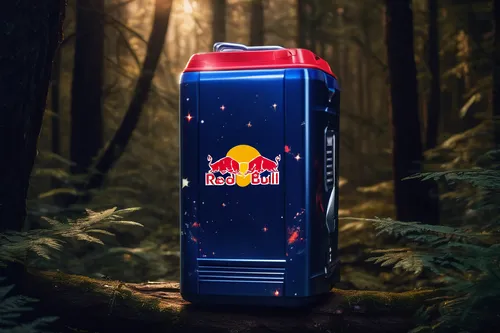 Write a suspenseful scene where a character discovers a Red Bull cooler in a mysterious forest.,red bull,vodka red bull,packshot,energy drink,energy drinks,leaves case,paint cans,beverage can,isolated