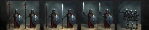 Miniature of fantasy darkness warrior soldier and Dark knight ,a painting of armor and spears in different stages,halberds,polearms,longbows,bassoons,wands,impales,blackthorne,organ pipes,tridents,bru