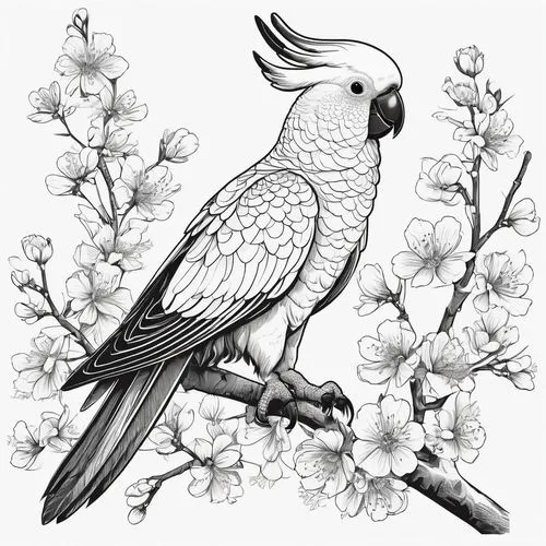 A black-and-white illustration of a cockatoo perched on a branch, surrounded by blooming flowers, possibly cherry blossoms or some type of five-petaled floral species. The intricate detailing of the b