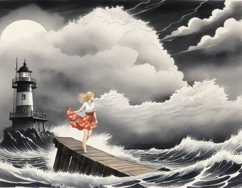 the wind from the sea,little girl in wind,sea storm,the sea maid,burchfield,david bates,Illustration,Paper based,Paper Based 30