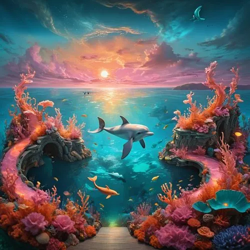 dolphin background,fantasy picture,ocean paradise,mermaid background,seaquarium,ocean background,Illustration,Realistic Fantasy,Realistic Fantasy 02