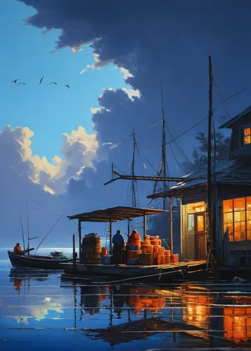 floating huts,fishing village,boathouse,houseboat,evening atmosphere,fisherman's house,harbor,fishermen,boat landscape,fishing boats,docks,house by the water,boat harbor,night scene,fishing float,fisherman's hut,boat house,waterfront,row boats,blue hour,Conceptual Art,Sci-Fi,Sci-Fi 12