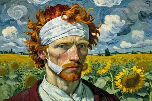 un homme aux cheveux roux avec un bandage blanc sur son oreille coupée. Il pose devant un champ de tournesols. Dans le ciel des nuages gris et blancs forment des tourbillons.,a painting of a man with 