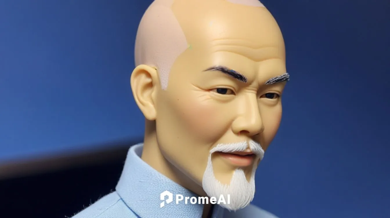  
Chinese bald on top of head white haired  open mouth  white chin beard male 1/6th scale doll,a close up of a busturine wearing a suit,morihei,confucian,mencius,laozi,rimpoche,jianfei