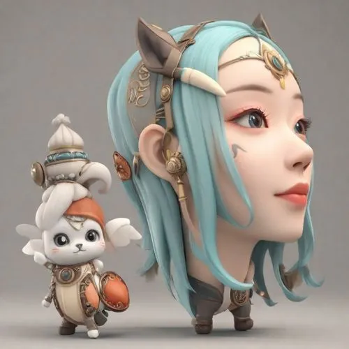 a 3d rendering of an oriental doll with white and light blue hair,nunu,goki,bingbu,diaochan,smolla,3d figure,Digital Art,3D