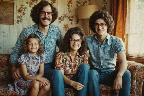 1970s family photo, warm nostalgic atmosphere, old film grain, faded color tone, posed smiling faces, father in a checkered shirt, mother in a floral dress, children in bell-bottom jeans, messy curly 