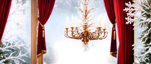 Winter wonderland, festive decorations, snowflakes gently falling, sparkling ice crystals, ornate golden frames, luxurious red velvet drapes, grand chandelier, elegant candelabras, snowy pinecones, vi