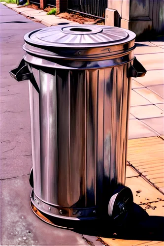 Metallic garbage can, outdoor setting, urban environment, rusty surface, worn-out lid, thick handles, wheels at bottom, morning sunlight, soft shadows, 3/4 composition, shallow depth of field, realist