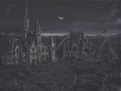 haunted cathedral,dark gothic mood,ghost castle,gormenghast,witch house,gothic,ravenloft,bellairs,hogwarts,haunted castle,spires,mezzotints,neogothic,gothic style,gothicus,gothic church,brodsky,steepl