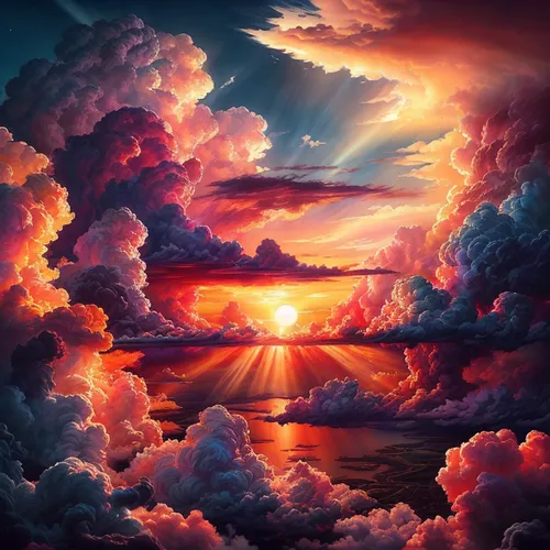 incredible sunset over the lake,epic sky,rainbow clouds,sunrise in the skies,fantasy landscape,mountain sunrise,world digital painting,atmosphere sunrise sunrise,sky,sun in the clouds,sun through the 