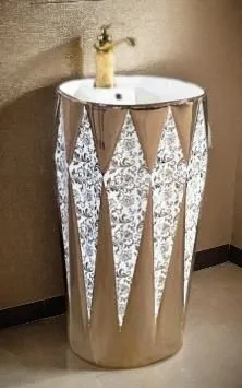 a wash basin in a open bathroom ,wooden drum,bongo drum,dhol,timbales,timpani,snare drum,cajon microphone,goblet drum,golden pot,spa water fountain,commode,washbasin,trash can,dholak,wooden flower pot