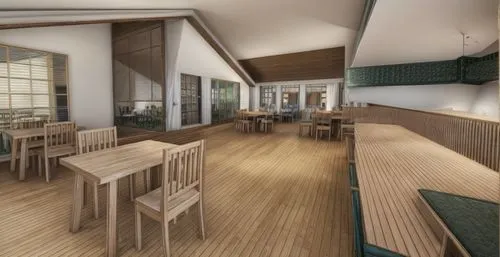 3d rendering,school design,dining room,billiard room,japanese restaurant,conference room,clubhouse,kitchen & dining room table,japanese-style room,lecture room,core renovation,seating area,breakfast room,cafeteria,board room,wooden beams,wooden floor,taproom,recreation room,kitchen interior,Commercial Space,Restaurant,Mediterranean Rustic