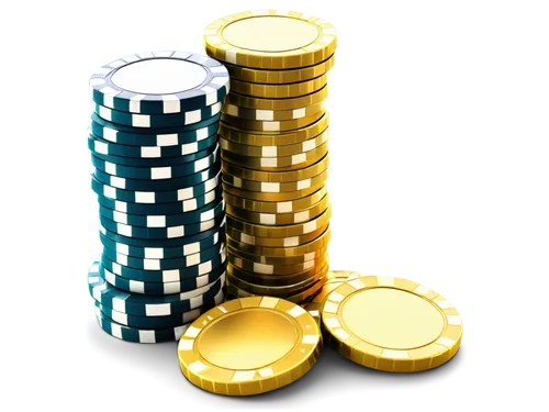 Poker chips, golden coins, stacked, shiny surface, reflective light, detailed textures, metallic material, round shape, colorful edges, shadow effect, 3/4 composition, close-up shot, dramatic lighting