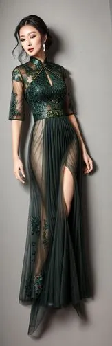 dark green cheongsam-style gown with sheer mesh embroidery details, center split skirt,fashion vector,image manipulation,miss circassian,gradient mesh,evening dress,overskirt,fashion design,gothic dre