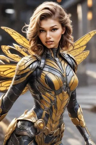 Hyper-realistic close-up of a model with avant-garde makeup, vibrant colors, and intricate designs.,a woman dressed in a costume posing,superwasp,zauriel,wasp,kryptarum-the bumble bee,chitauri,hawkgir