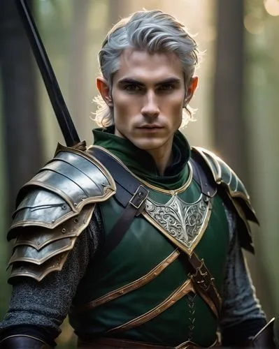 Handsome male elf, slender physique, pointed ears, sharp facial features, piercing emerald green eyes, messy silver hair, soft focused gaze, elegant eyebrows, subtle freckles, fitted leather armor, go