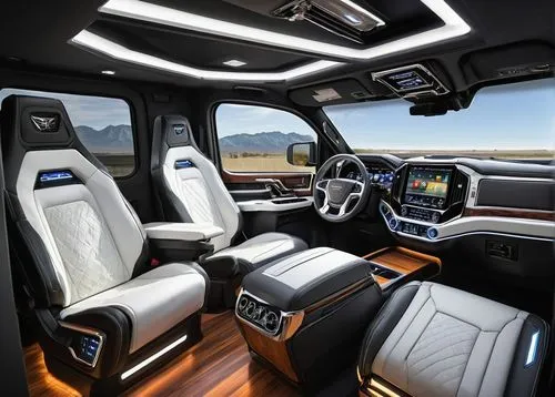 Custom truck interior design, luxurious captain's chair, premium leather upholstery, intricate stitching, chrome accents, wooden dashboard trim, ambient lighting, LED-lit floor mats, futuristic center