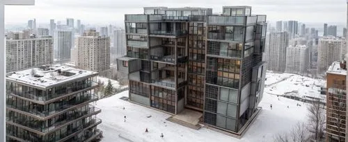 Architectural facade of a multi-family building with social areas made of concrete, glass, steel and lattices
,kimmelman,tishman,stalin skyscraper,antilla,oscorp,residential tower,safdie,koolhaas,high