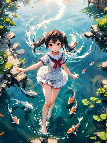 underwater background,kumiko,water nymph,lily water,koi pond,in water,Anime,Anime,Realistic