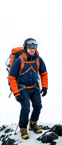 Mountaineer, climbing gear, rugged clothing, helmet, goggles, ice axe, rope, harness, athletic build, determined facial expression, cold weather, snow-capped mountain, misty atmosphere, panoramic view