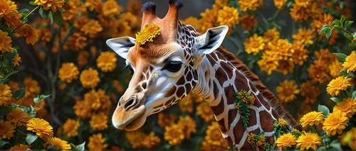 giraffidae,giraffe plush toy,giraffe,giraffes,giraffe head,two giraffes,flower animal,whimsical animals,savanna,fall animals,iceland foal,fawn,crocosmia,fauna,wildlife park,piebald,in the tall grass,animal portrait,animals play dress-up,grazing,Photography,General,Fantasy