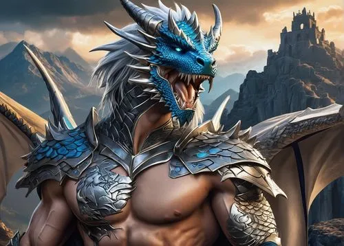 Dragon humanoid form, male, muscular, strong jawline, piercing blue eyes, sharp teeth, spiky silver hair, dragon scales on chest and arms, golden claws, intricate tattoos on back, black leather armor,