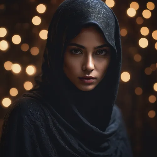 Describe a mysterious figure captured in a black photo,islamic girl,muslim woman,hijab,middle eastern monk,hijaber,mystical portrait of a girl,arab,abaya,muslima,portrait photography,bedouin,woman por