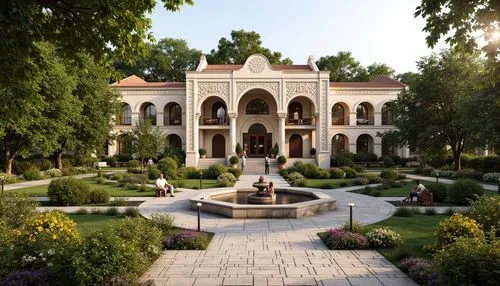 Majestic Byzantine-style middle school building, ornate stone carvings, vibrant greenery, blooming flowerbeds, lush shrubbery, meandering walkways, rustic benches, decorative lampposts, intricate mosa