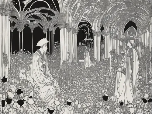 alfons mucha,mucha,jonquils,book illustration,procession,lilly of the valley,the dark hedges,lily of the field,holy forest,the night of kupala,fairy tales,children's fairy tale,nativity,druids,lily of the valley,abbaye de belloc,all saints' day,a fairy tale,secret garden of venus,hand-drawn illustration,Illustration,Black and White,Black and White 24