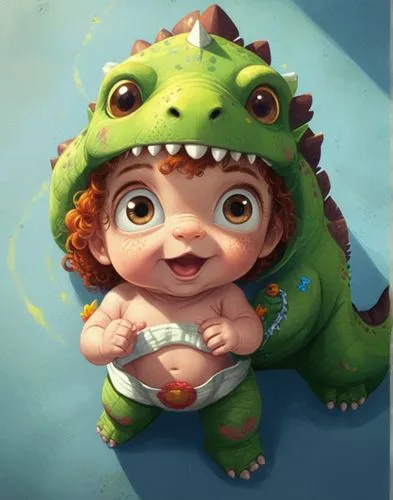 6 months old baby wearing dinosaur custom, brown Egyptian  eyes , brown curly hair, medium weigh, small,  His golden ratio facial expression conveys a sense of happiness, love, and warmth.,a cartoon b