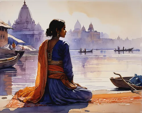 indian art,ganges,orientalism,oil painting on canvas,by chaitanya k,art painting,india,oil painting,vietnamese woman,southeast asia,mekong,oriental,hare krishna,cambodia,girl on the river,oriental painting,east indian,burma,thailad,watercolor painting,Conceptual Art,Sci-Fi,Sci-Fi 23