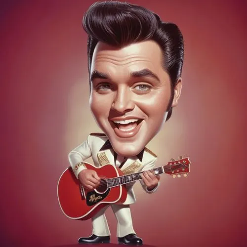 Caricature style drawing of a celebrity, big head, small body, exaggerated facial expressions. A 3D animated character resembling Elvis Presley, wearing a whiteA jumpsuit with red and gold accents, bl