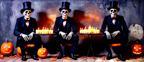 Skeletons, Halloween decorations, spooky atmosphere, dim lantern light, transparent eyes, bony fingers, worn-out black suits, top hats, posing in a grand manner, standing with crossed legs, holding ca