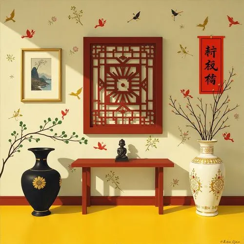 oriental painting,japanese-style room,japanese art,oriental lantern,fengshui,japanese lamp,Illustration,Vector,Vector 09